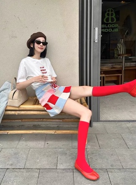 薄款多巴胺红色中筒袜子天鹅绒糖果色及膝袜百搭显瘦小腿袜jk长袜