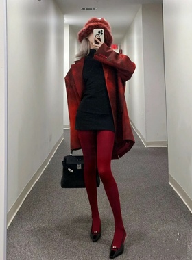 红色新年本命年棉质连体袜子女百搭日系纯色打底裤袜显瘦基础长袜