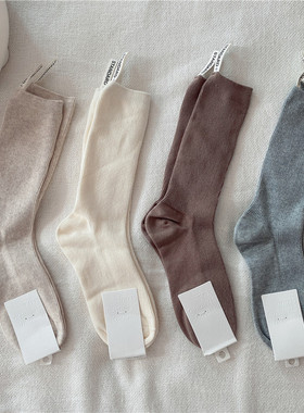 韩国进口黑色白色灰色袜子女春秋纯色中筒袜复古四季ins日系长袜