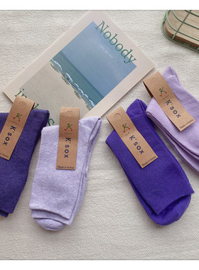 春秋紫色袜子女韩货棉质纯色中筒袜ins日系细条纹百搭四季堆堆袜