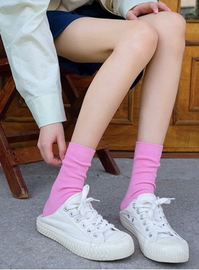 春夏新款马卡龙色系袜子女少女粉色绿色中筒袜棉质糖果色堆堆袜女