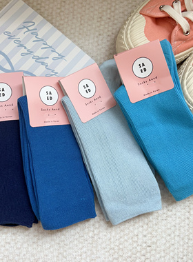 韩国进口女袜春夏薄款湖蓝色棉袜ins潮简约百搭坑条中筒堆堆袜女