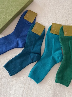 韩国东大门进口孔雀蓝袜子春夏季百搭竖纹纯色女士靛蓝色中筒棉袜