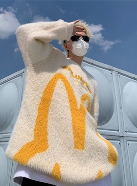 美式复古软糯兔子耳朵马海毛毛衣男女情侣oversize慵懒宽松针织衫