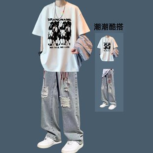 libetter青少年美式纯棉短袖T恤男生穿搭夏季套装帅气一套搭配