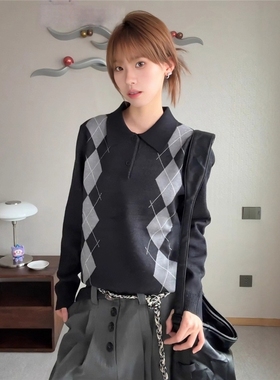 lilbetter25AW秋季新款英伦风菱格纹长袖针织衫男修身显瘦毛衣女