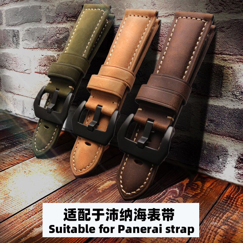 适用沛纳海磨砂真皮手表带男手工表带PAAM111 441疯马皮表带 24mm
