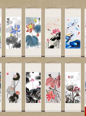 水画花鸟画丝绸卷轴挂画客厅装饰画玄K关壁画定制招财画水墨荷花