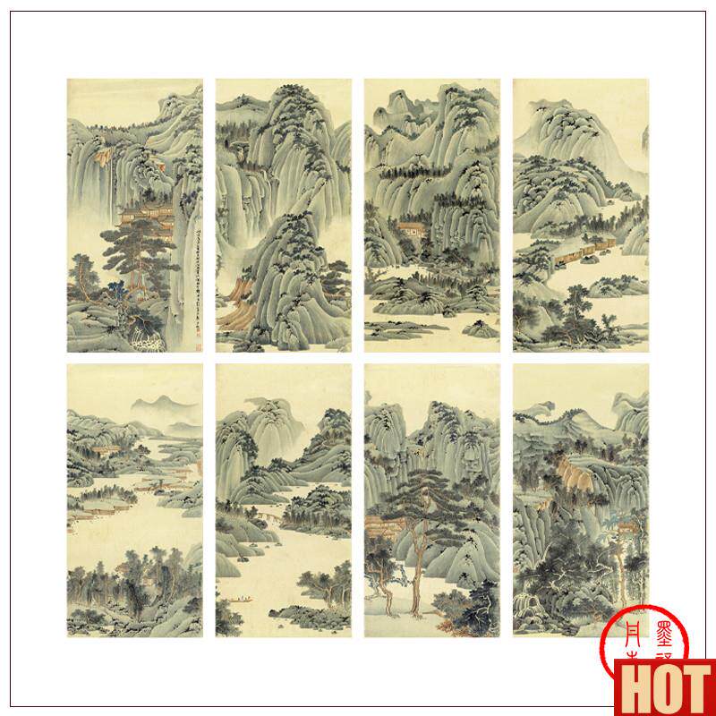 :1近代 谢稚柳江山多娇八条屏大幅山水画宣R纸复制装饰画临摹文稿