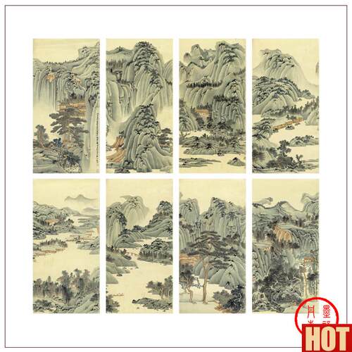 :1近代 谢稚柳江山多娇八条屏大幅山水画宣R纸复制装饰画临摹文稿
