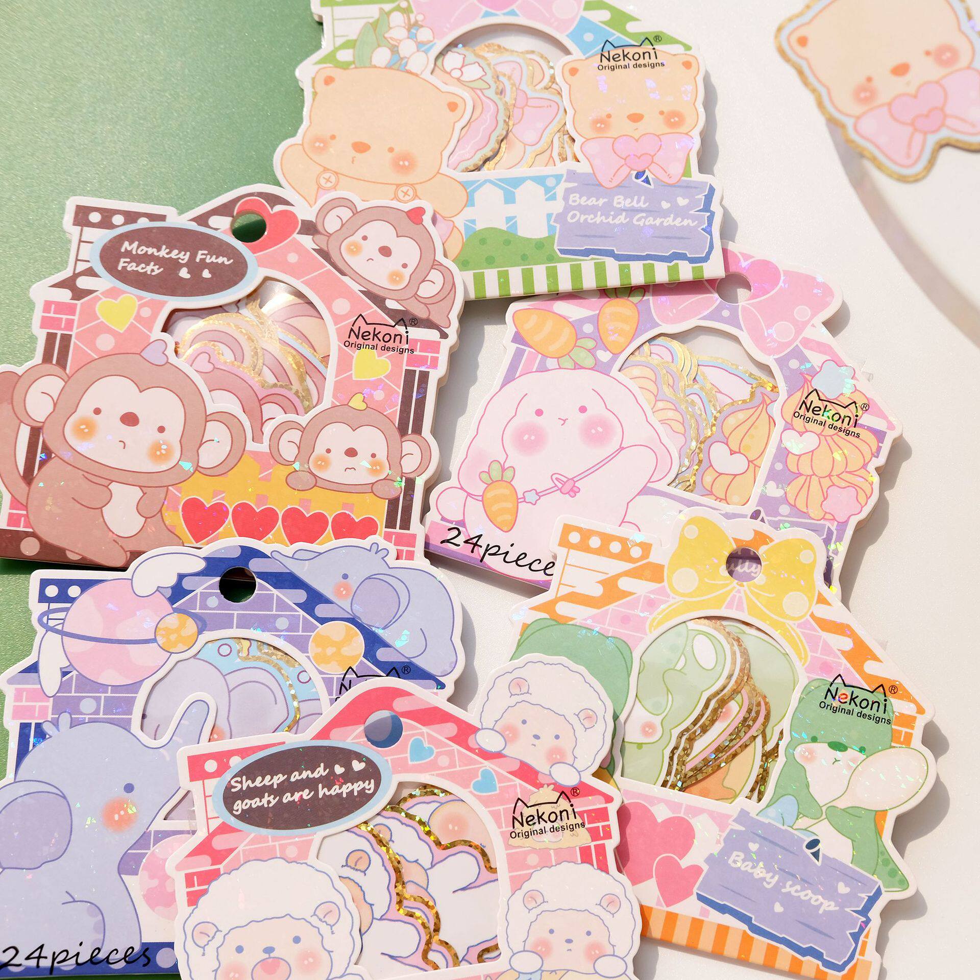 nekoni可爱卡通烫金动物贴纸猴子恐龙绵羊兔子大象小熊纸质颗粒包