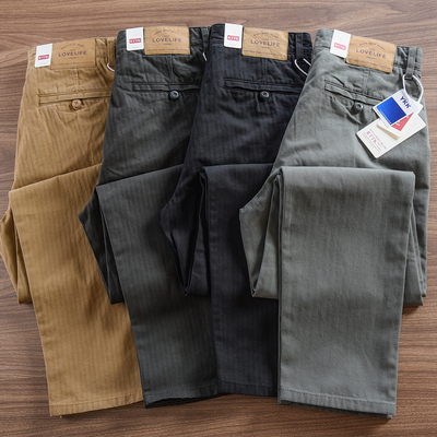 2024新款直筒纯棉重磅厚实休闲裤男人字纹阿美咔叽复古工装裤春秋