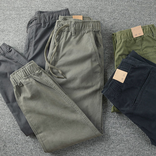 重磅全棉束脚裤男春秋复古休闲长裤柔软帆布裤宽松潮流工装裤子男