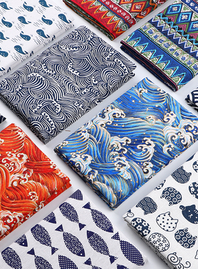 和风印花棉麻加厚日式民族布料粗麻布面料沙发抱枕靠垫桌布几何布