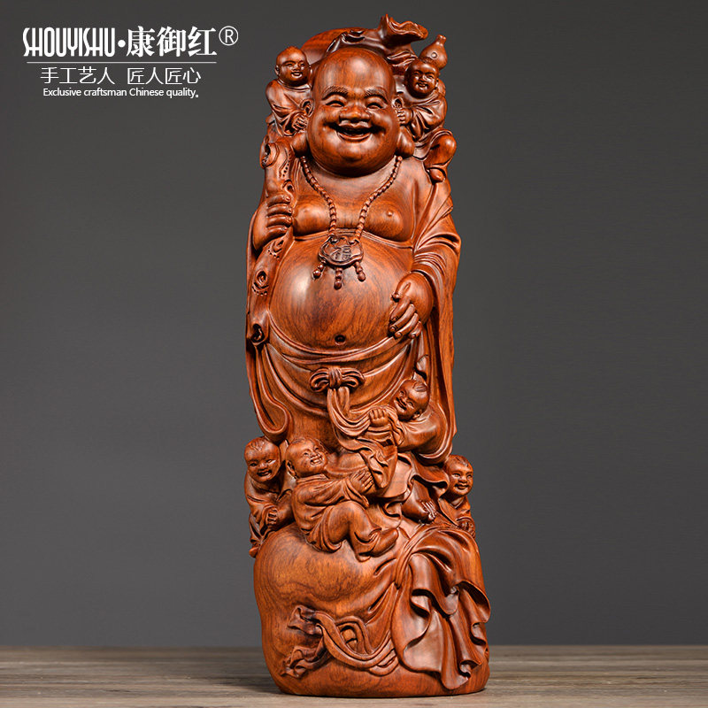 黄花梨木雕笑佛像大肚弥勒佛摆件实木根雕六子戏弥勒佛红木工艺品