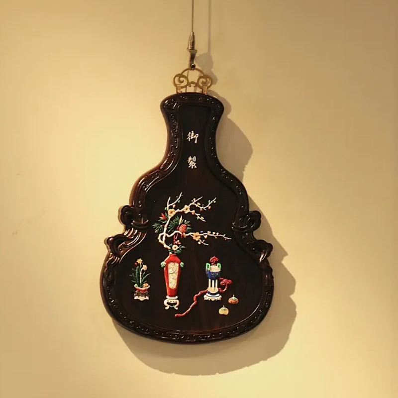 大红酸枝百宝嵌葫芦清供图挂屏