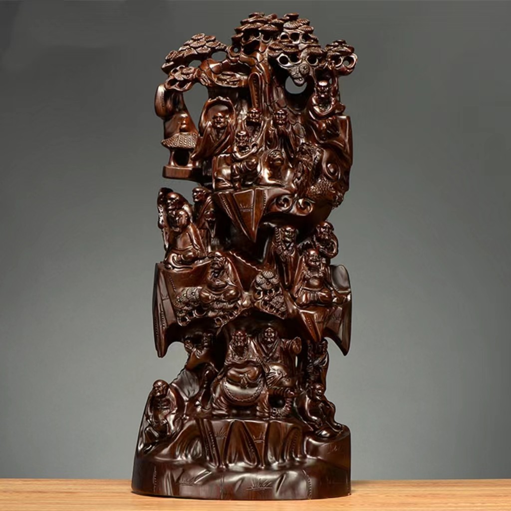 黑檀木雕十八罗汉摆件红木家居玄关降龙伏虎尊者实木质雕刻工艺品