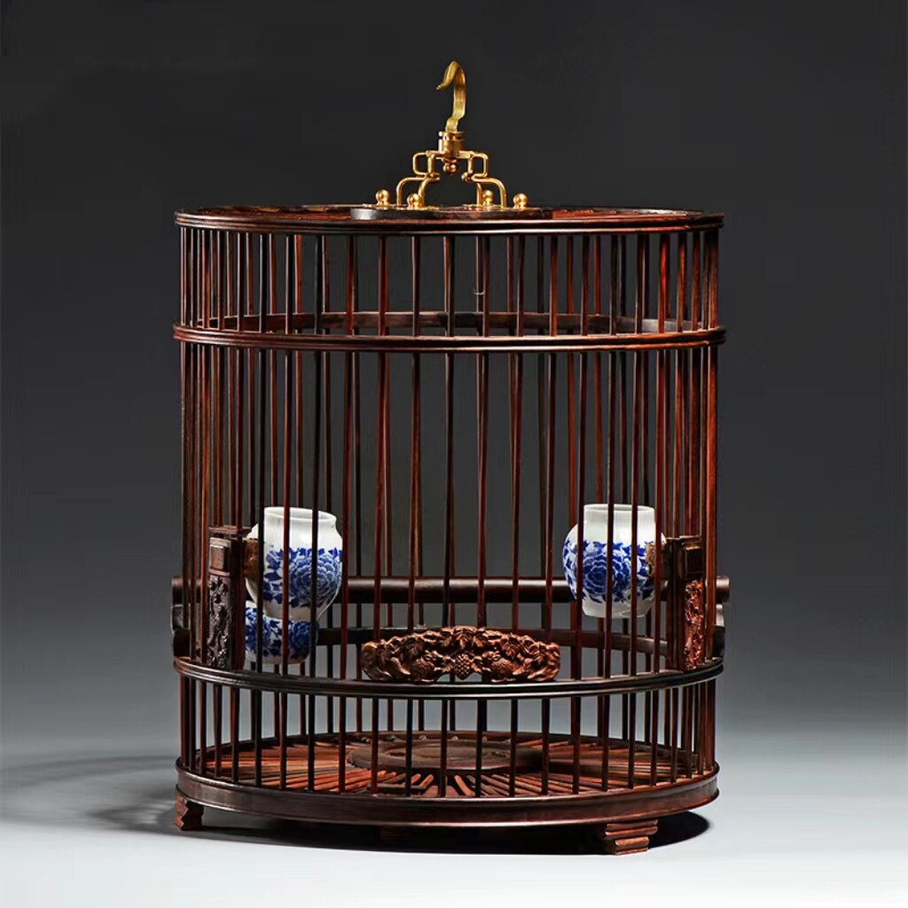 老挝大红酸枝鸟笼实木高档木制鹦鹉画眉摆件手工精品红木鸟笼子