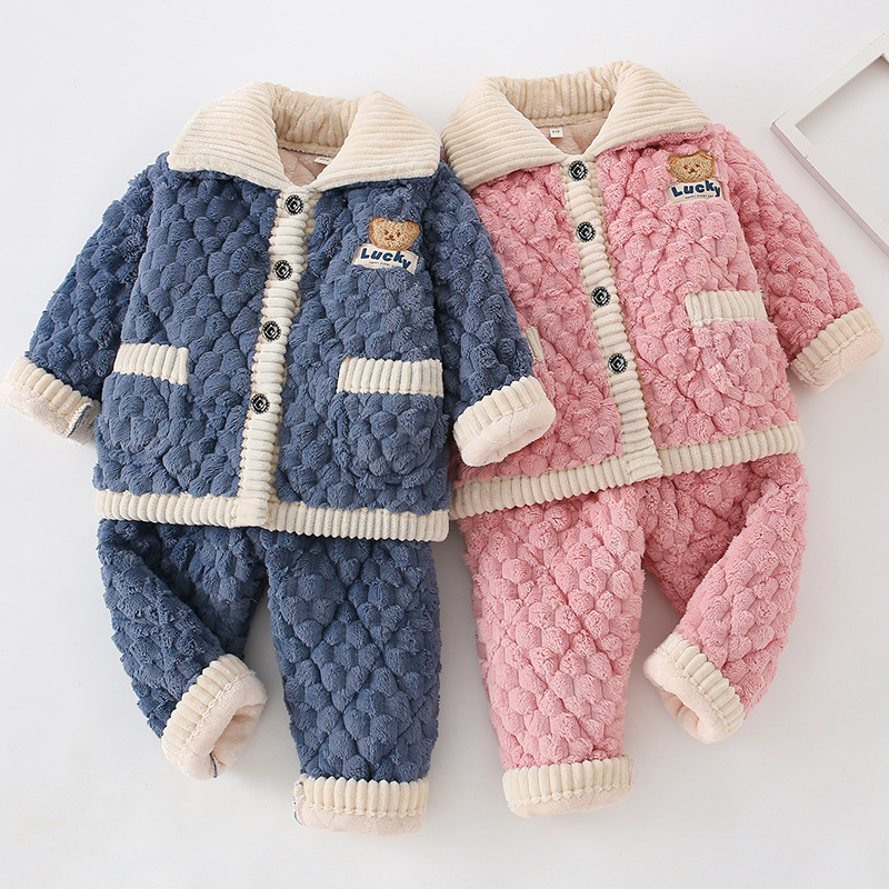 儿童睡衣冬季加绒加厚法兰绒三层夹棉男童女童宝宝珊瑚家居服套装