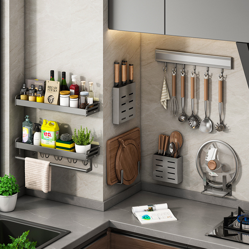 枪灰厨房置物架免打孔调味料架壁挂刀架家用用品大全多功能收纳架
