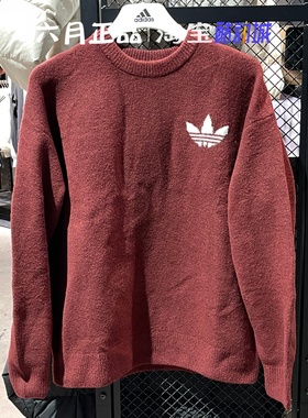 阿迪达斯三叶草女子本命年红色针织毛衣圆领长袖套头衫 KF2537