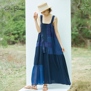 unbleu原创大摆海边度假连衣裙女夏季 蓝色长裙 法式 小众背带裙无袖