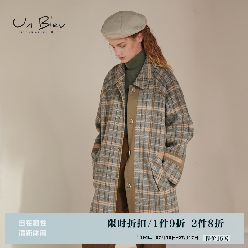unbleu毛呢复古格纹原创绿色外套