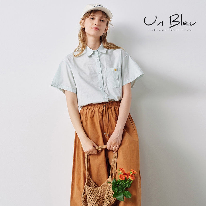 UnBleu蓝色衬衫女2025新款高级时尚夏季女装纯棉休闲宽松短袖上衣