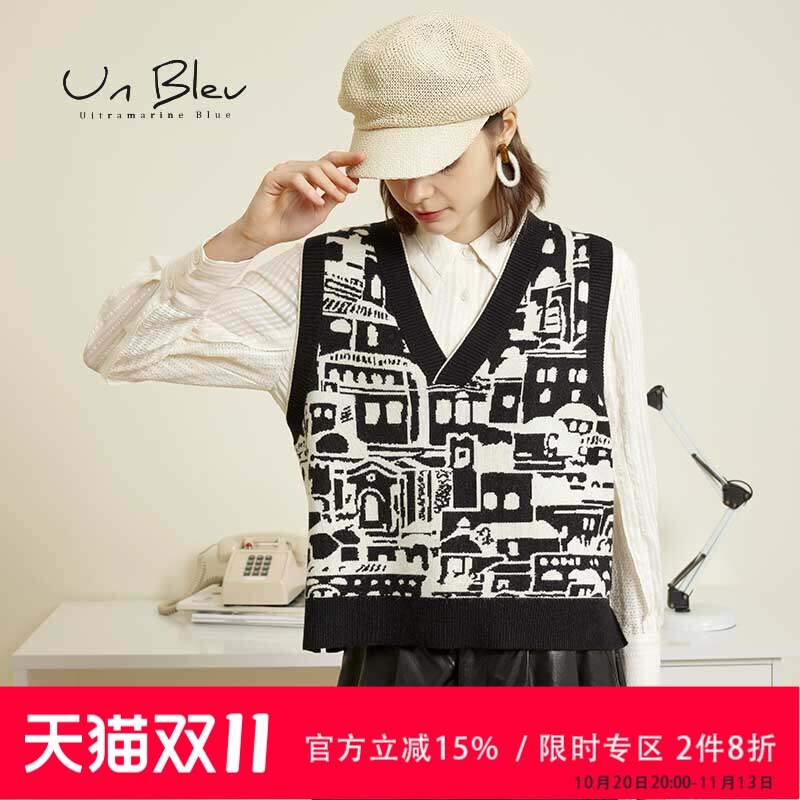 Unbleu针织马甲女春秋新款宽松时尚马夹女装慵懒独特黑白背心上衣
