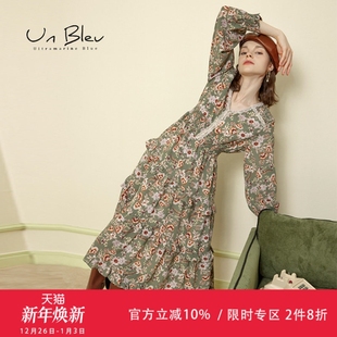 长款 UnBleu波西米亚连衣裙女春秋季 女装 复古法式 碎花收腰裙子 新款