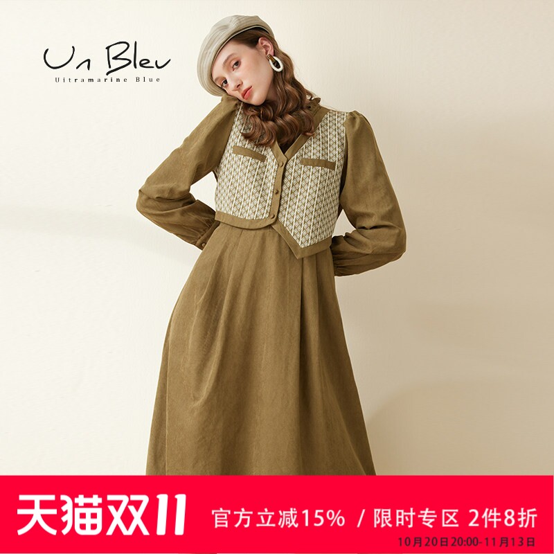 Unbleu法式连衣裙女春秋新款气质学院风女装马甲假两件连身裙长裙