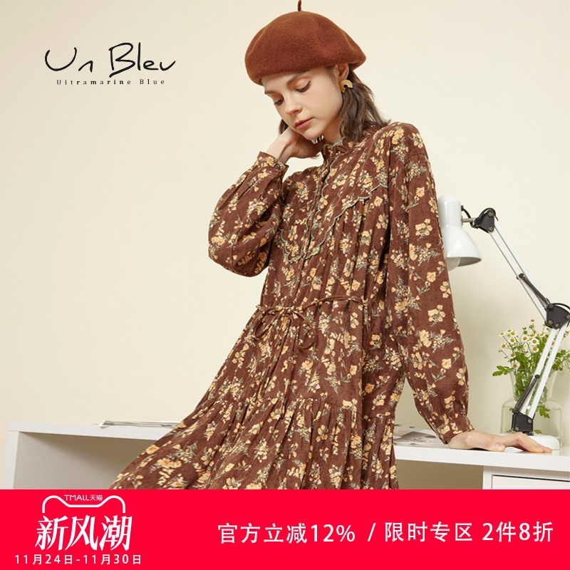 unbleu灯芯绒碎花连衣裙温柔风