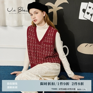 新款 UnBleu格纹针织马甲女春秋季 学院风慵懒文艺叠穿套头背心上衣