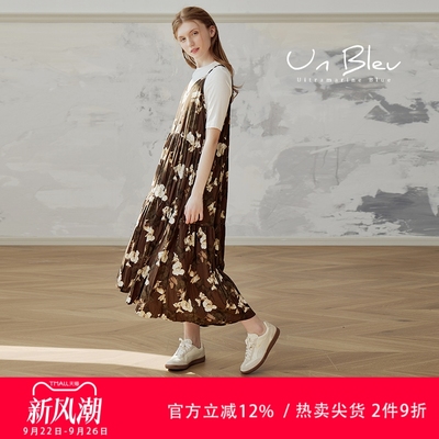 unbleu吊带连衣裙2025秋季新款女装宽松休闲慵懒风印花洛丽塔裙子