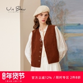 小个子工装 UnBleu灯芯绒马甲女春秋新款 女装 拼接格子马夹背心上衣
