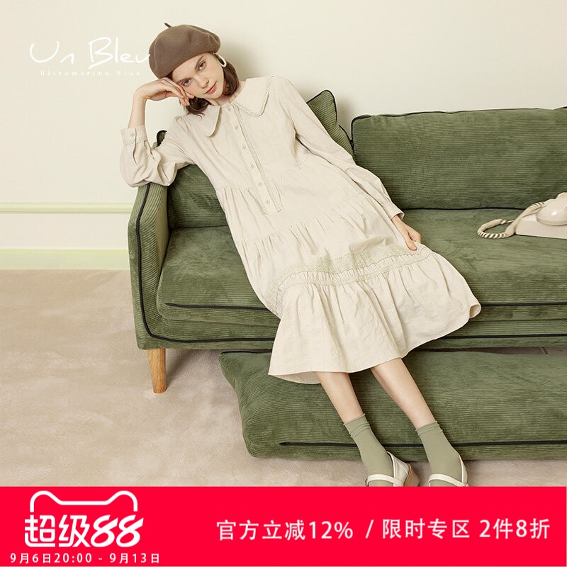 UnBleu长款连衣裙女春季新款长袖高级温柔宽松娃娃领纯棉裙子