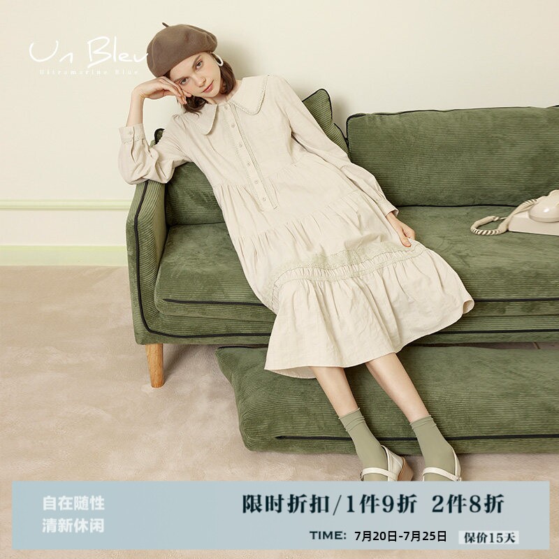 UnBleu长款连衣裙女春季新款长袖高级温柔宽松娃娃领纯棉裙子