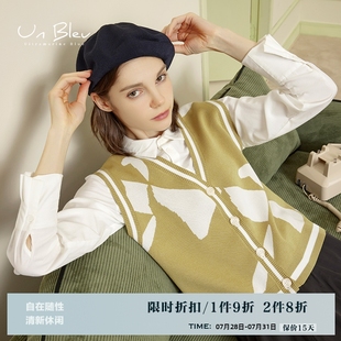 UnBleu针织马甲女宽松慵懒风春秋新款 马夹背心上衣 时尚 洋气开衫