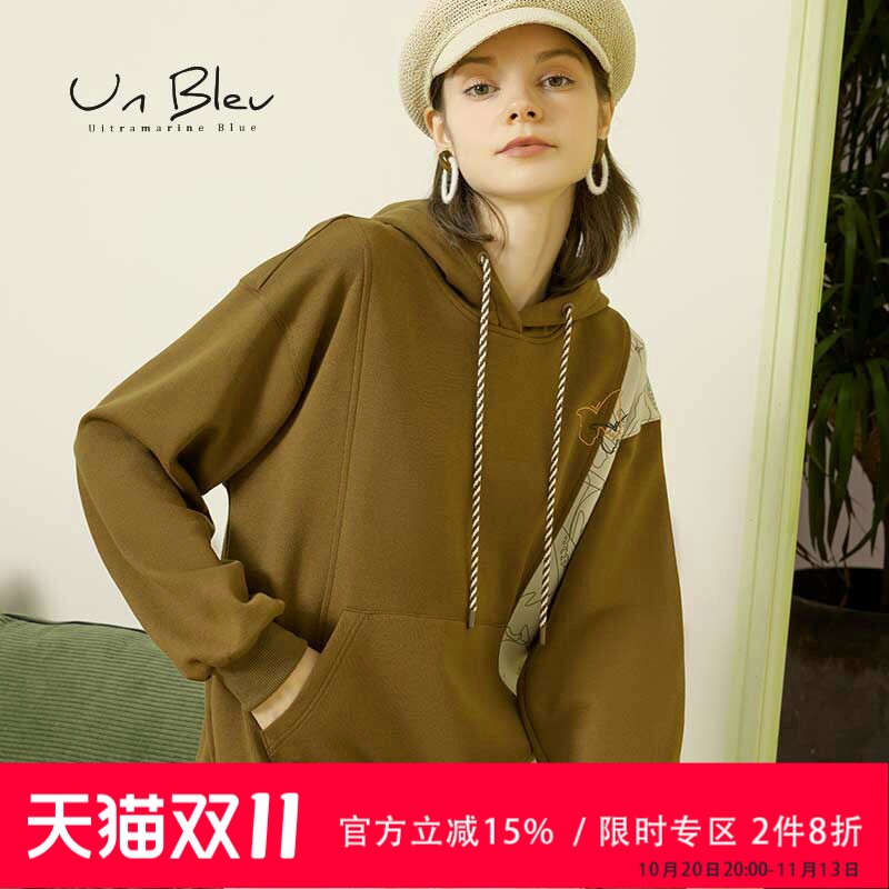 连帽卫衣女春秋季新款小个子原创设计撞色印花女装慵懒风套头上衣