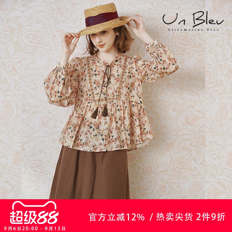 unbleu棉麻衬衫女早秋新款时尚百搭波西米亚印花长袖上衣
