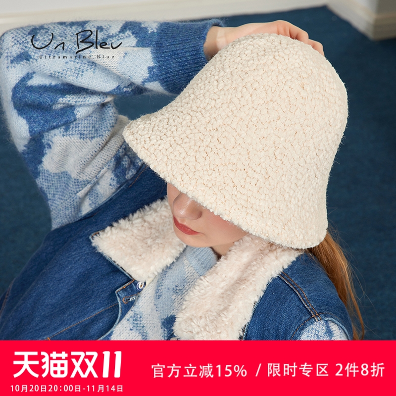 日系仿羊羔绒白色保暖针织水桶帽