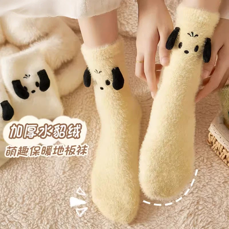 水貂绒袜子女冬季加绒保暖睡眠月子袜居家可爱地板袜珊瑚绒厚袜子