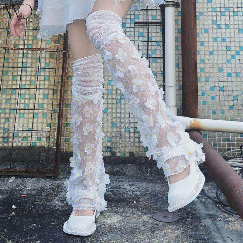 辣妹腿套新款外穿网红过膝小腿袜套喇叭腿套蕾丝网纱花朵可爱甜美