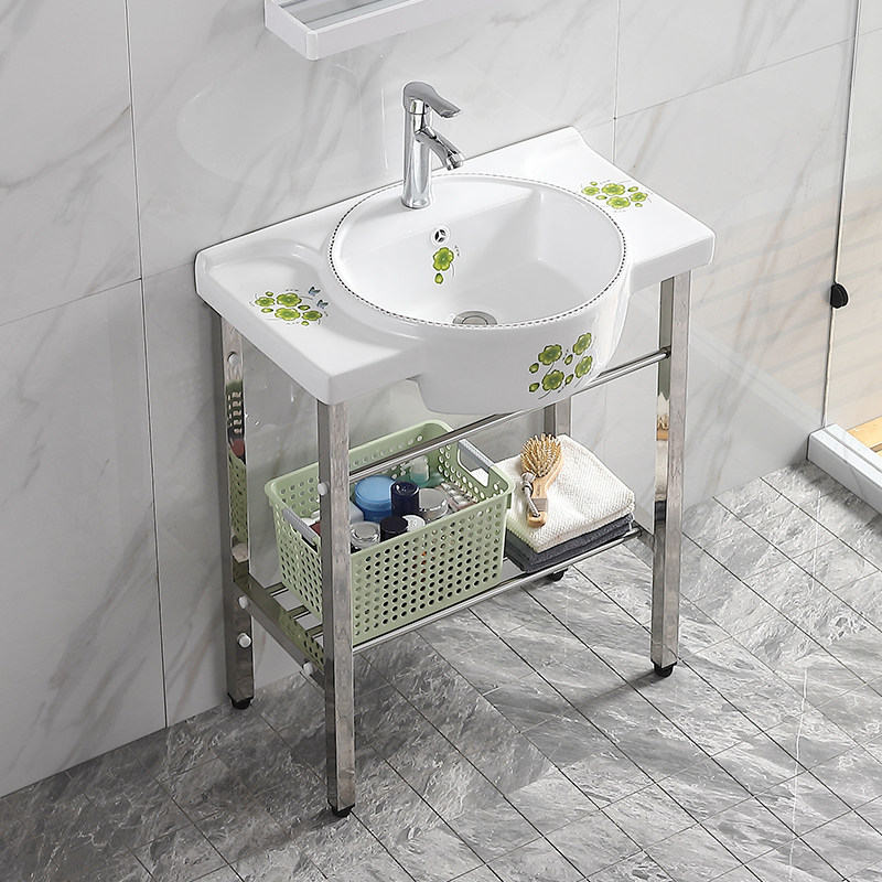 小户型陶瓷洗手盆落地架彩花洗脸池公寓卫生间阳台柱盆厕所洗漱台