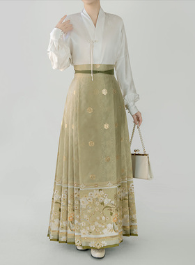 云藏月绣 新中式 原创暗香执扇绿色明制织金马面裙日常汉服女套装