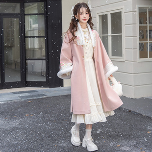 云藏月绣 听雪 原创加绒合领长袄粉色毛呢大衣国风连衣裙汉元素冬