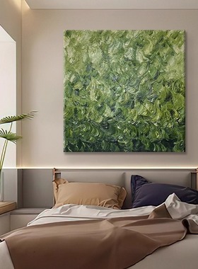 纯手绘治愈系绿色油画绿植装饰画方形客厅挂画入户玄关立体肌理画
