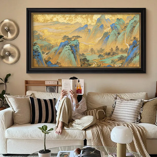 千里江山图挂画纯手绘油画客厅背景墙大气装饰画中古风沙发玄关画