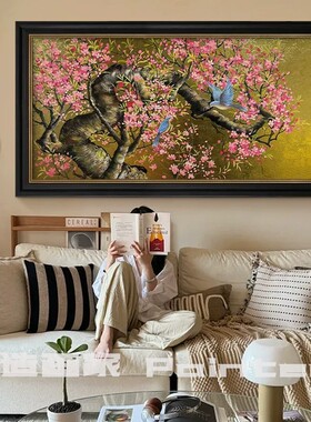 繁花报喜》中古风客厅纯手绘油画金箔装饰画沙发背景墙复古餐厅画