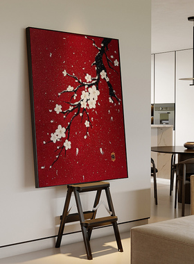现代新中式红色高级肌理感梅花入户玄关走廊尽头手绘油画客厅挂画